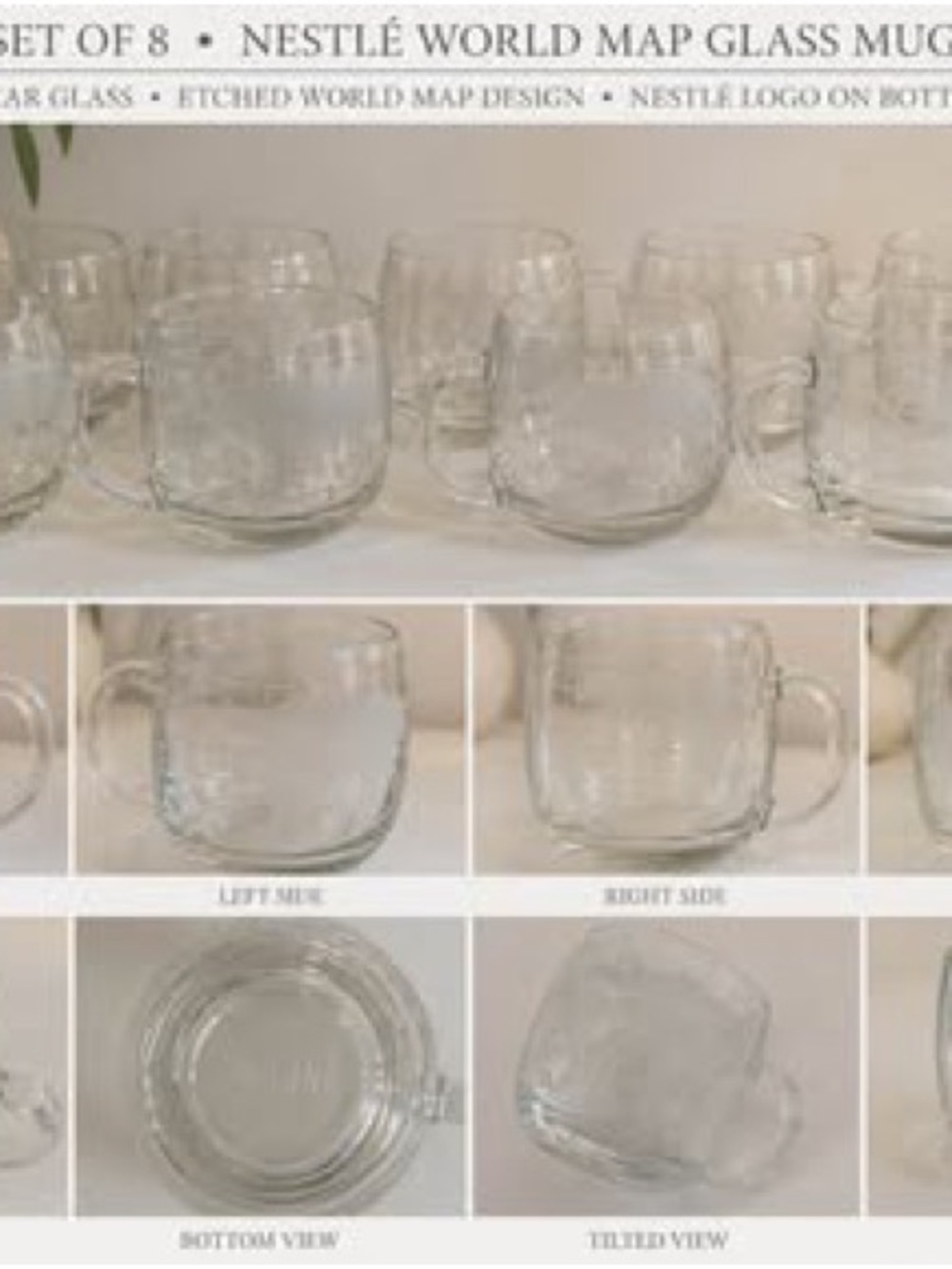 Nestlé World Map Glass Mugs Set of 8 Etched Clear Glass Coffee Cups